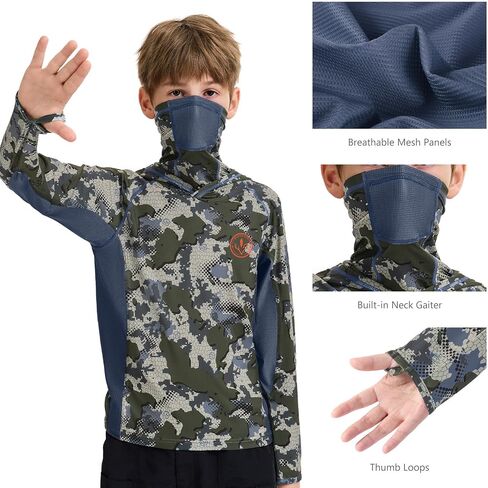 Bassdash Youth Upf 50+ قميص Hoodie Hoodie Camo مع Gaiter Quick Dry Long Sleeve Tee لصيد الصيد المشي لمسافات طويلة FS02Y in Saudi Arabia