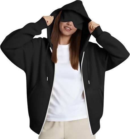 Zip Up Hoodie with Eye Mask Built In, Comfort Airplane Wearable Blanket Sweatshirt Men Women Sleep Clothes in Saudi Arabia