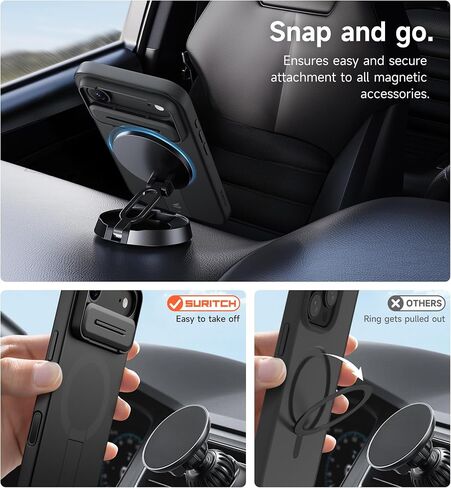 Suritch for iPhone 16 Plus Case مع غطاء شريحة الكاميرا المغناطيسية و Kickstand القابل للتعديل ، متوافق مع Magsafe ، وغطاء الصدمات الصدمات الرفيعة على iPhone 16 Plus 6.7 بوصة ، أسود in Kuwait