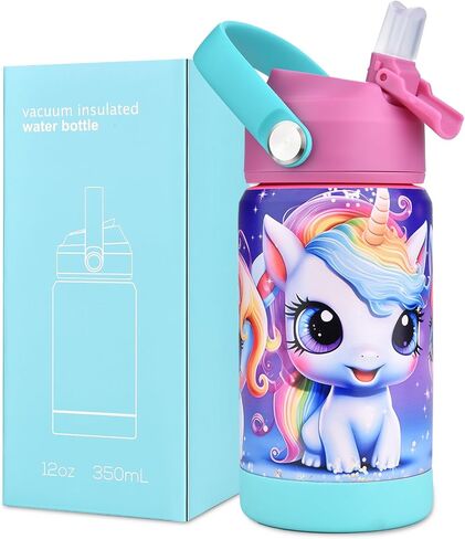 12oz Kids Insulated Water Bottle, Leak-proof Toddler Cup With Straws Lids, Kids Water Bottles For School Boys Girls, Stainless Steel Vacuum Insulated Bottle For Kids (Rainbow Unicorn) in Saudi Arabia