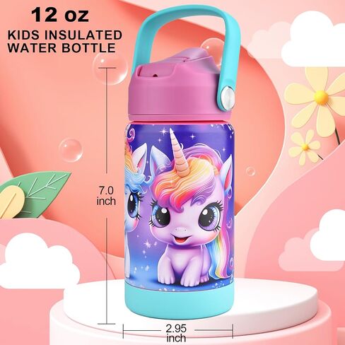 12oz Kids Insulated Water Bottle, Leak-proof Toddler Cup With Straws Lids, Kids Water Bottles For School Boys Girls, Stainless Steel Vacuum Insulated Bottle For Kids (Rainbow Unicorn) in Saudi Arabia