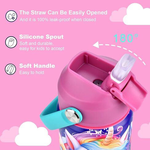 12oz Kids Insulated Water Bottle, Leak-proof Toddler Cup With Straws Lids, Kids Water Bottles For School Boys Girls, Stainless Steel Vacuum Insulated Bottle For Kids (Rainbow Unicorn) in Saudi Arabia