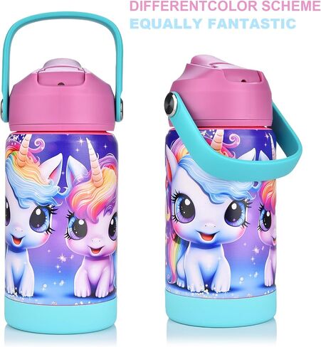 12oz Kids Insulated Water Bottle, Leak-proof Toddler Cup With Straws Lids, Kids Water Bottles For School Boys Girls, Stainless Steel Vacuum Insulated Bottle For Kids (Rainbow Unicorn) in Saudi Arabia