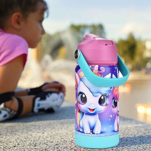 12oz Kids Insulated Water Bottle, Leak-proof Toddler Cup With Straws Lids, Kids Water Bottles For School Boys Girls, Stainless Steel Vacuum Insulated Bottle For Kids (Rainbow Unicorn) in Saudi Arabia