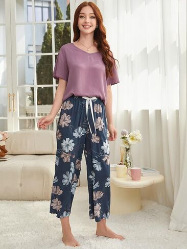 Women's Pajamas Set Purple and Navy Floral Print Short Sleeve Soft Breathable Sleepwear in Saudi Arabia
