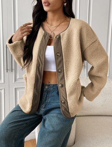 ZAFUL Women's Faux Fur Sweatshirt Long Sleeve Button Down Pockets Winter Coat Fleece Sherpa Jackets Outerwear in Saudi Arabia