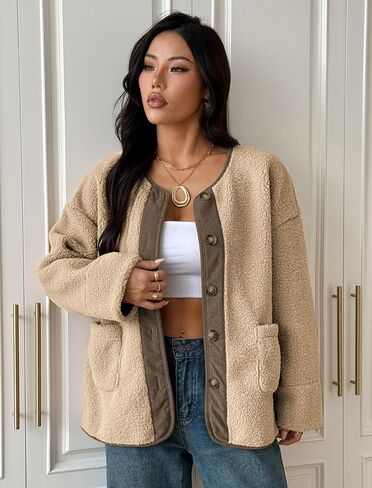ZAFUL Women's Faux Fur Sweatshirt Long Sleeve Button Down Pockets Winter Coat Fleece Sherpa Jackets Outerwear in Saudi Arabia