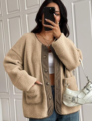 ZAFUL Women's Faux Fur Sweatshirt Long Sleeve Button Down Pockets Winter Coat Fleece Sherpa Jackets Outerwear in Saudi Arabia