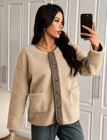 ZAFUL Women's Faux Fur Sweatshirt Long Sleeve Button Down Pockets Winter Coat Fleece Sherpa Jackets Outerwear in Saudi Arabia