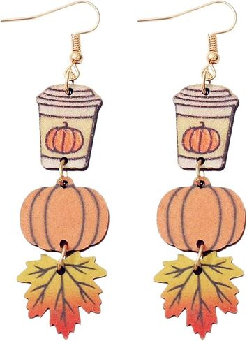 3 Pairs Wooden Fall Small Earrings Set Thanksgiving Day Handmade Pumpkin Maple Leaf Coffee Cup Milk Tea Sunflower Turkey Lightweight Stud Earrings for Women Antumn Festival Holiday Party Jewelry Gifts in Saudi Arabia