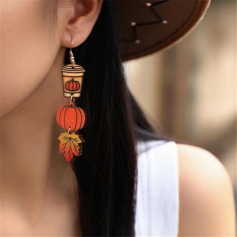 3 Pairs Wooden Fall Small Earrings Set Thanksgiving Day Handmade Pumpkin Maple Leaf Coffee Cup Milk Tea Sunflower Turkey Lightweight Stud Earrings for Women Antumn Festival Holiday Party Jewelry Gifts in Saudi Arabia