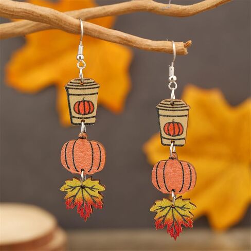 3 Pairs Wooden Fall Small Earrings Set Thanksgiving Day Handmade Pumpkin Maple Leaf Coffee Cup Milk Tea Sunflower Turkey Lightweight Stud Earrings for Women Antumn Festival Holiday Party Jewelry Gifts in Saudi Arabia