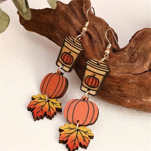 3 Pairs Wooden Fall Small Earrings Set Thanksgiving Day Handmade Pumpkin Maple Leaf Coffee Cup Milk Tea Sunflower Turkey Lightweight Stud Earrings for Women Antumn Festival Holiday Party Jewelry Gifts in Saudi Arabia