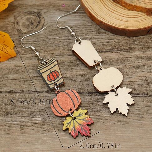 3 Pairs Wooden Fall Small Earrings Set Thanksgiving Day Handmade Pumpkin Maple Leaf Coffee Cup Milk Tea Sunflower Turkey Lightweight Stud Earrings for Women Antumn Festival Holiday Party Jewelry Gifts in Saudi Arabia