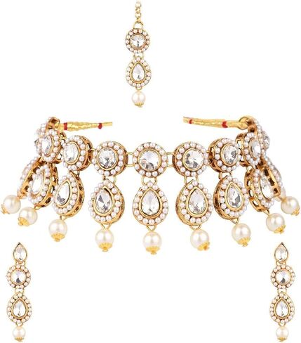 efulgenz crystal الهندي المجوهرات قلادة كوندان كريستال فو فو قلادة القلادة Maang Tikka سلسلة Bollywood الزفاف مجموعة الزفاف للنساء in Saudi Arabia