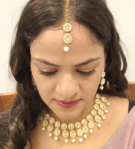efulgenz crystal الهندي المجوهرات قلادة كوندان كريستال فو فو قلادة القلادة Maang Tikka سلسلة Bollywood الزفاف مجموعة الزفاف للنساء in Saudi Arabia