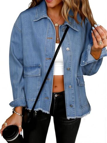 جاكيتات Glamaker Womens Jean اقتصاص زر الدنيم السترة الزبدة أسفل معطف سقوط سقوط من طراز خمر مع جيوب in Saudi Arabia