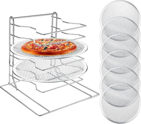 Zhehao Pizza Rack 8 Tiered Stand 16.7 'H x 12' 'L x 12' 'W و 8 PCS Pans مع ثقوب ، مجموعة من الخبز الألمنيوم لسهولة التخزين والخبز البيتزا المتعددة in Kuwait