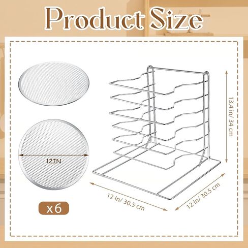 Zhehao Pizza Rack 8 Tiered Stand 16.7 'H x 12' 'L x 12' 'W و 8 PCS Pans مع ثقوب ، مجموعة من الخبز الألمنيوم لسهولة التخزين والخبز البيتزا المتعددة in Kuwait
