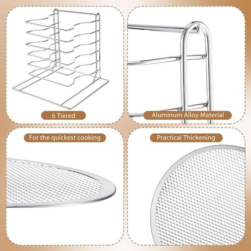 Zhehao Pizza Rack 8 Tiered Stand 16.7 'H x 12' 'L x 12' 'W و 8 PCS Pans مع ثقوب ، مجموعة من الخبز الألمنيوم لسهولة التخزين والخبز البيتزا المتعددة in Kuwait