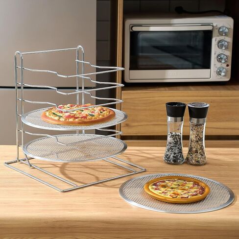 Zhehao Pizza Rack 8 Tiered Stand 16.7 'H x 12' 'L x 12' 'W و 8 PCS Pans مع ثقوب ، مجموعة من الخبز الألمنيوم لسهولة التخزين والخبز البيتزا المتعددة in Kuwait
