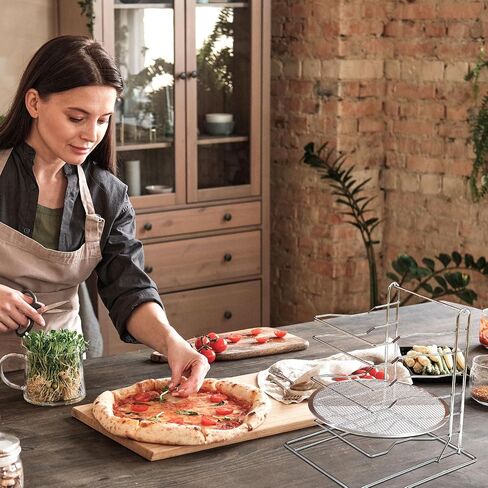 Zhehao Pizza Rack 8 Tiered Stand 16.7 'H x 12' 'L x 12' 'W و 8 PCS Pans مع ثقوب ، مجموعة من الخبز الألمنيوم لسهولة التخزين والخبز البيتزا المتعددة in Kuwait