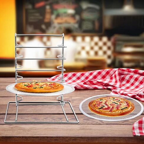 Zhehao Pizza Rack 8 Tiered Stand 16.7 'H x 12' 'L x 12' 'W و 8 PCS Pans مع ثقوب ، مجموعة من الخبز الألمنيوم لسهولة التخزين والخبز البيتزا المتعددة in Kuwait