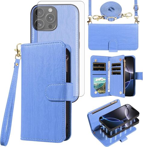 Asuwish Phone Case for iPhone 16 Pro Max 6.9 inch Zipper Wallet Detachable Cell Cover with Tempered Glass Screen Protector Strap Card Holder i Phone16 16Pro i16 ProMax 16ProMax Women Girls Dark Purple in Saudi Arabia