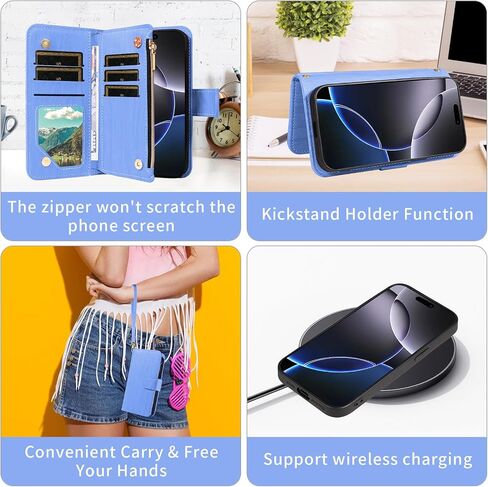 Asuwish Phone Case for iPhone 16 Pro Max 6.9 inch Zipper Wallet Detachable Cell Cover with Tempered Glass Screen Protector Strap Card Holder i Phone16 16Pro i16 ProMax 16ProMax Women Girls Dark Purple in Saudi Arabia
