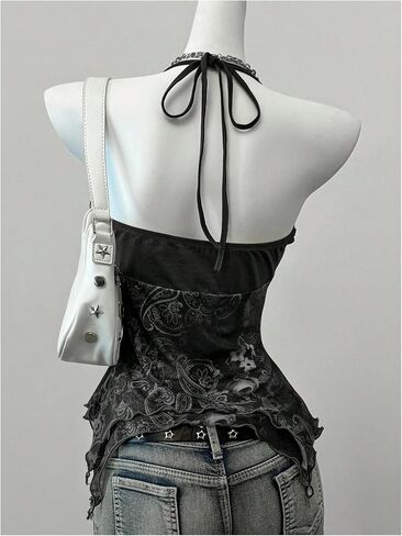 SHENHE Women's Boho Halter Crop Tops Sleeveless Backless Asymmetrical Sheer Cami Top Summer Casual Camisole in Saudi Arabia