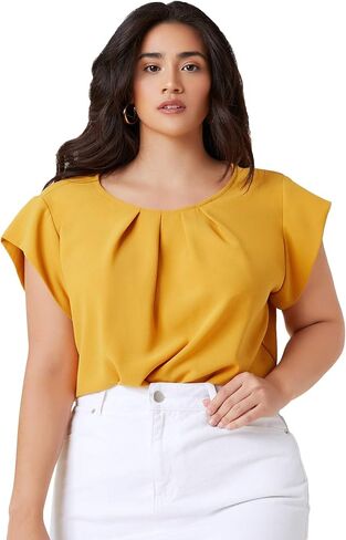 Milumia Women's Plus Size Pleated Top Crew Neck Cap Sleeve Office Work Blouse Shirt in Saudi Arabia