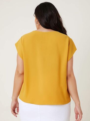 Milumia Women's Plus Size Pleated Top Crew Neck Cap Sleeve Office Work Blouse Shirt in Saudi Arabia