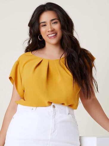 Milumia Women's Plus Size Pleated Top Crew Neck Cap Sleeve Office Work Blouse Shirt in Saudi Arabia