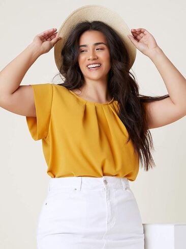 Milumia Women's Plus Size Pleated Top Crew Neck Cap Sleeve Office Work Blouse Shirt in Saudi Arabia