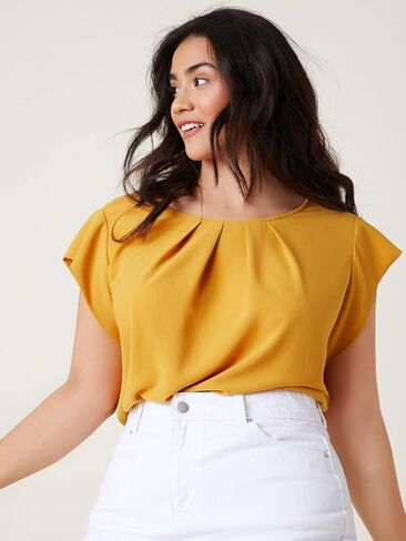 Milumia Women's Plus Size Pleated Top Crew Neck Cap Sleeve Office Work Blouse Shirt in Saudi Arabia