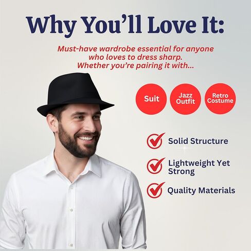 Dress Up America Fedora Hat - Black Fedora for Men and Women - Trilby Costume Hat for Adults - Available in Black and White in Saudi Arabia