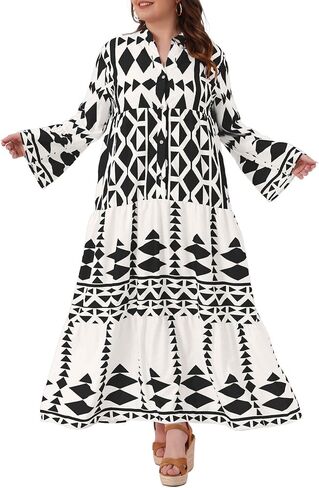 Agnes Orinda Plus Size Womens Button Long Flared Bell Sleeve Tiered Maxi Dress Flowy A Line Pattern Dress Casual Fall in Saudi Arabia