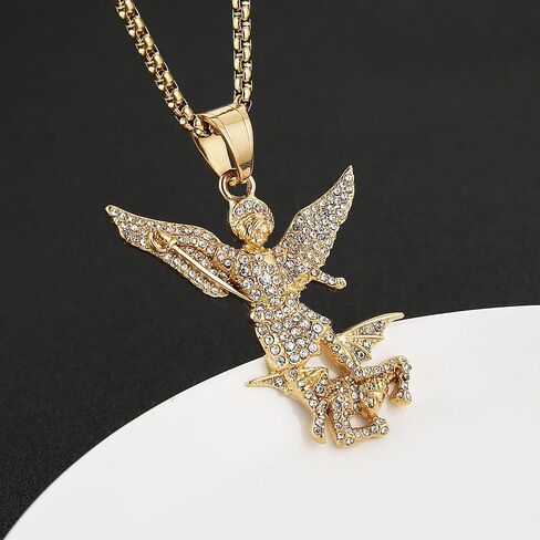 AsAlways St. Michael the Archangel Necklace for Men Stainless Steel Retro Gold Angel Exorcism Protect Amulet Pendant Necklace Jewelry Gift in Saudi Arabia
