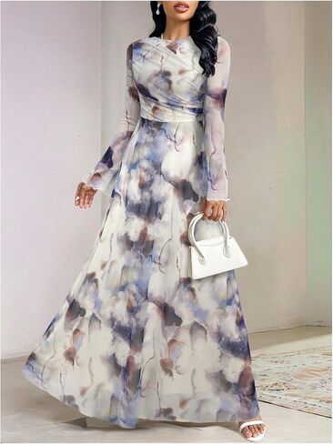 Gorglitter Women's Mesh Long Sleeve Maxi Dresses Elegant Boho Tie Tie Dye Prom Prom Varues in Kuwait