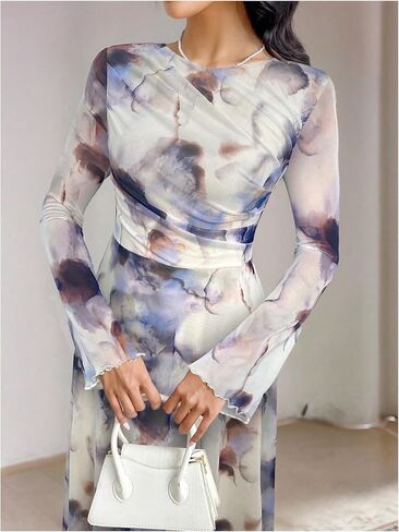 Gorglitter Women's Mesh Long Sleeve Maxi Dresses Elegant Boho Tie Tie Dye Prom Prom Varues in Kuwait