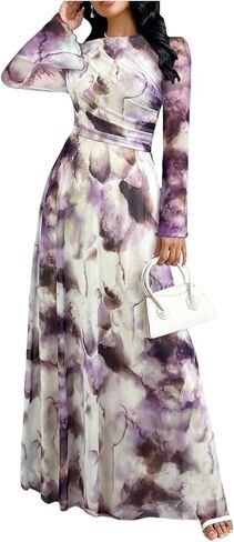 Gorglitter Women's Mesh Long Sleeve Maxi Dresses Elegant Boho Tie Tie Dye Prom Prom Varues in Kuwait