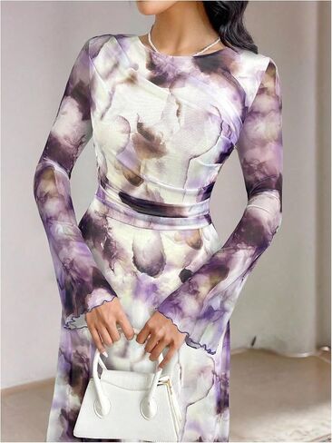 Gorglitter Women's Mesh Long Sleeve Maxi Dresses Elegant Boho Tie Tie Dye Prom Prom Varues in Kuwait