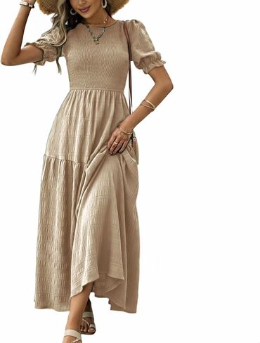 LIGHT DOT Women's Maxi Modest Dress 2025 Ruffle Puff Short Sleeve Smocked Tiered Casual Flowy in Kuwait