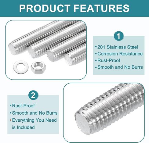 uxcell 4pcs Fully Threaded Rod, M8 x 100mm Stainless Steel Right Hand Threads Rods with Nuts and Flat Washer Fully Studding Rod Bar for Clamps, Hangers and U-Bolts in Saudi Arabia