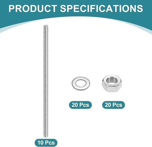 uxcell 4pcs Fully Threaded Rod, M8 x 100mm Stainless Steel Right Hand Threads Rods with Nuts and Flat Washer Fully Studding Rod Bar for Clamps, Hangers and U-Bolts in Saudi Arabia