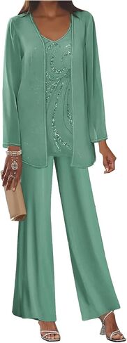 Dusty Rose Mother of The Bride Pant Set with Jacket Lace Long Sleeve 3 Piece Wedding Outfits for Women Guest US14 in Kuwait