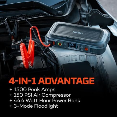 NEBO Assist Air 2500XP+ Jump Starter and Air Compressor | 4-in-1 2500 Amps Car Jump Starter, Air Compressor 150 PSI, Charger, and Floodlight, USB Compatible, Automotive, Emergency, Spark-Proof Safety in Saudi Arabia