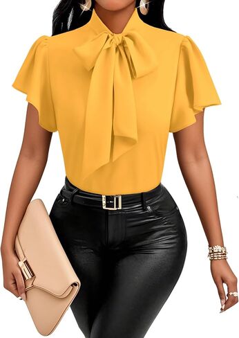 Vrtige Women's Bow Tie Mock Neck Blouse Short Sleeve Elegant Office Shirt Top in Saudi Arabia