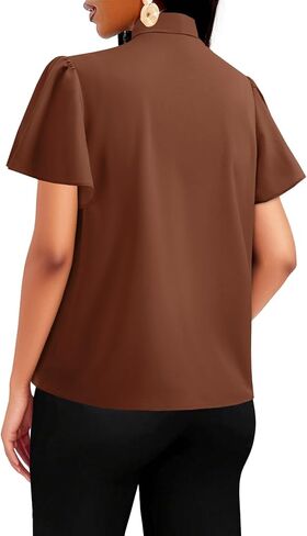Vrtige Women's Bow Tie Mock Neck Blouse Short Sleeve Elegant Office Shirt Top in Saudi Arabia