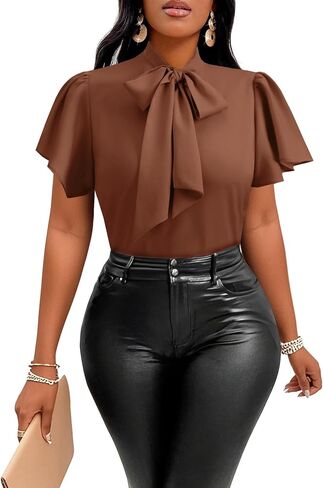 Vrtige Women's Bow Tie Mock Neck Blouse Short Sleeve Elegant Office Shirt Top in Saudi Arabia